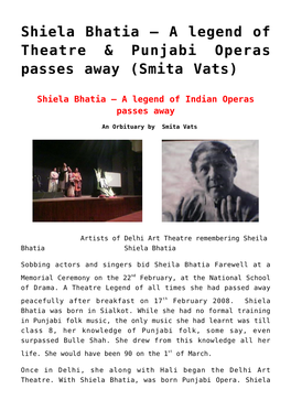 Shiela Bhatia – a Legend of Theatre & Punjabi Operas Passes Away (Smita Vats)