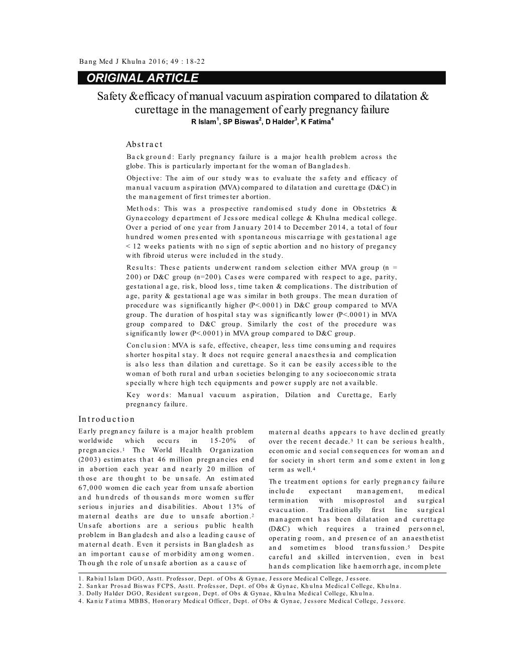 Safety & Efficacy of Manual Vacuum Aspiration Compared to Dilatation