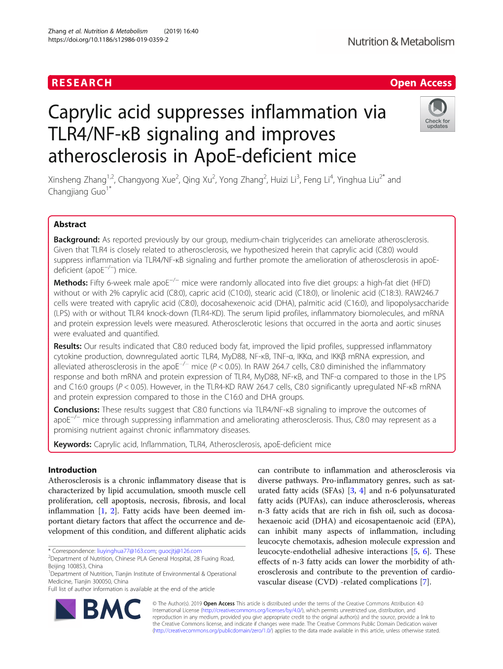 Caprylic Acid Suppresses Inflammation Via TLR4/NF-Κb Signaling and Improves Atherosclerosis in Apoe-Deficient Mice