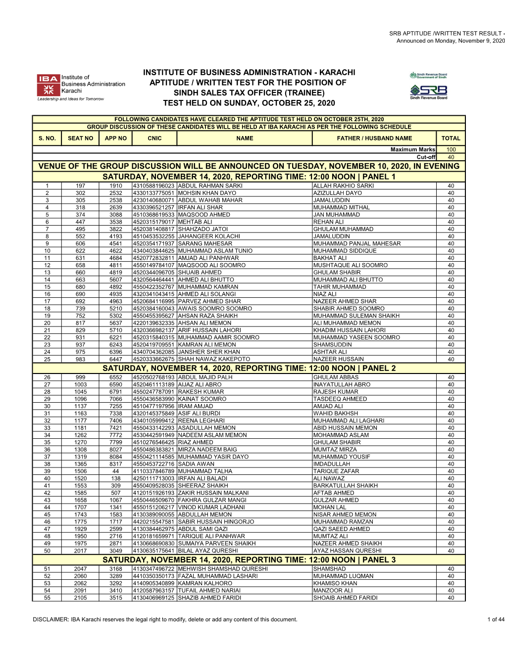 Schedule Srb Test Resu