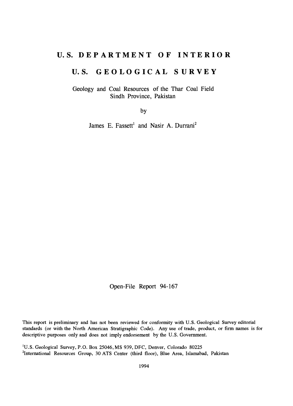 U.S. Department of Interior U. S. Geological Survey