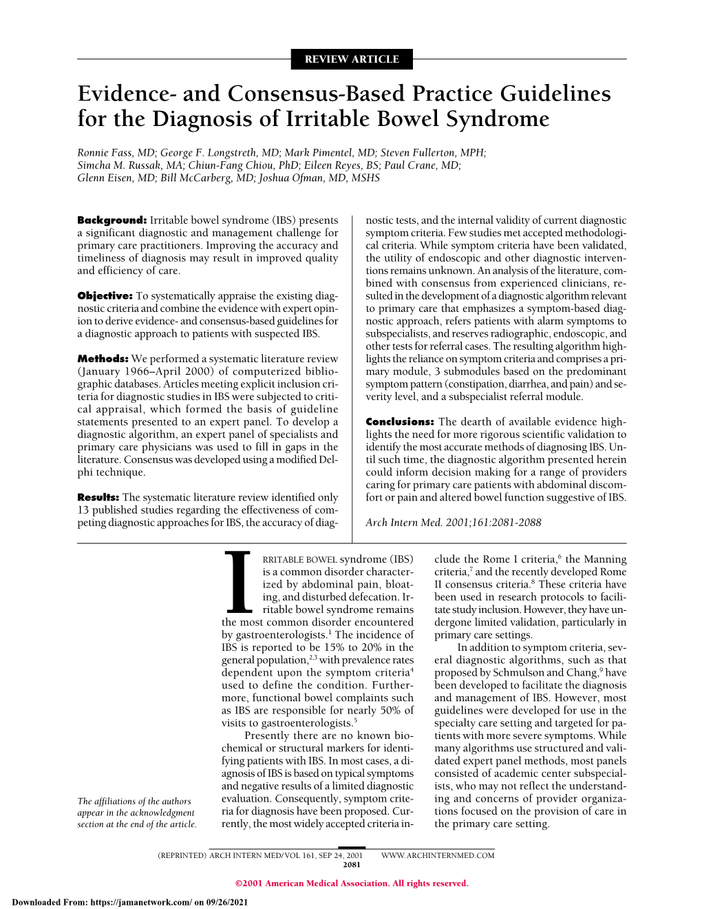 And Consensus-Based Practice Guidelines for the Diagnosis of Irritable Bowel Syndrome