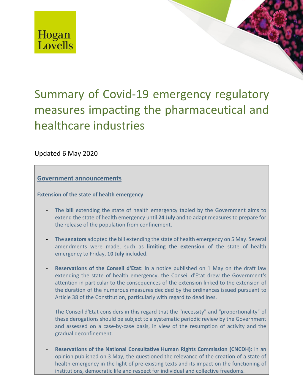Summary of Covid-19 Emergency Regulatory Measures Impacting the Pharmaceutical and Healthcare Industries