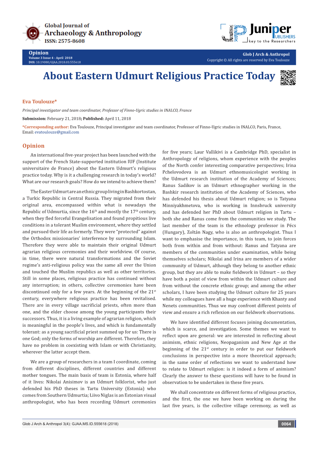 About Eastern Udmurt Religious Practice Today