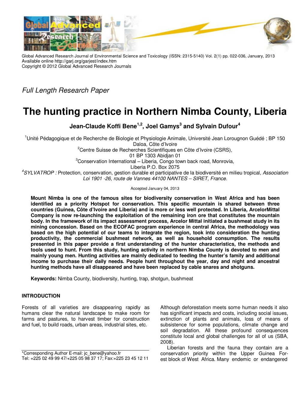 The Hunting Practice in Northern Nimba County, Liberia