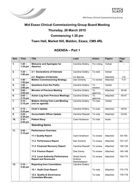 Mid Essex Clinical Commissioning Group Board Meeting Thursday, 26 March 2015 Commencing 1.30 Pm Town Hall, Market Hill, Maldon, Essex, CM9 4RL