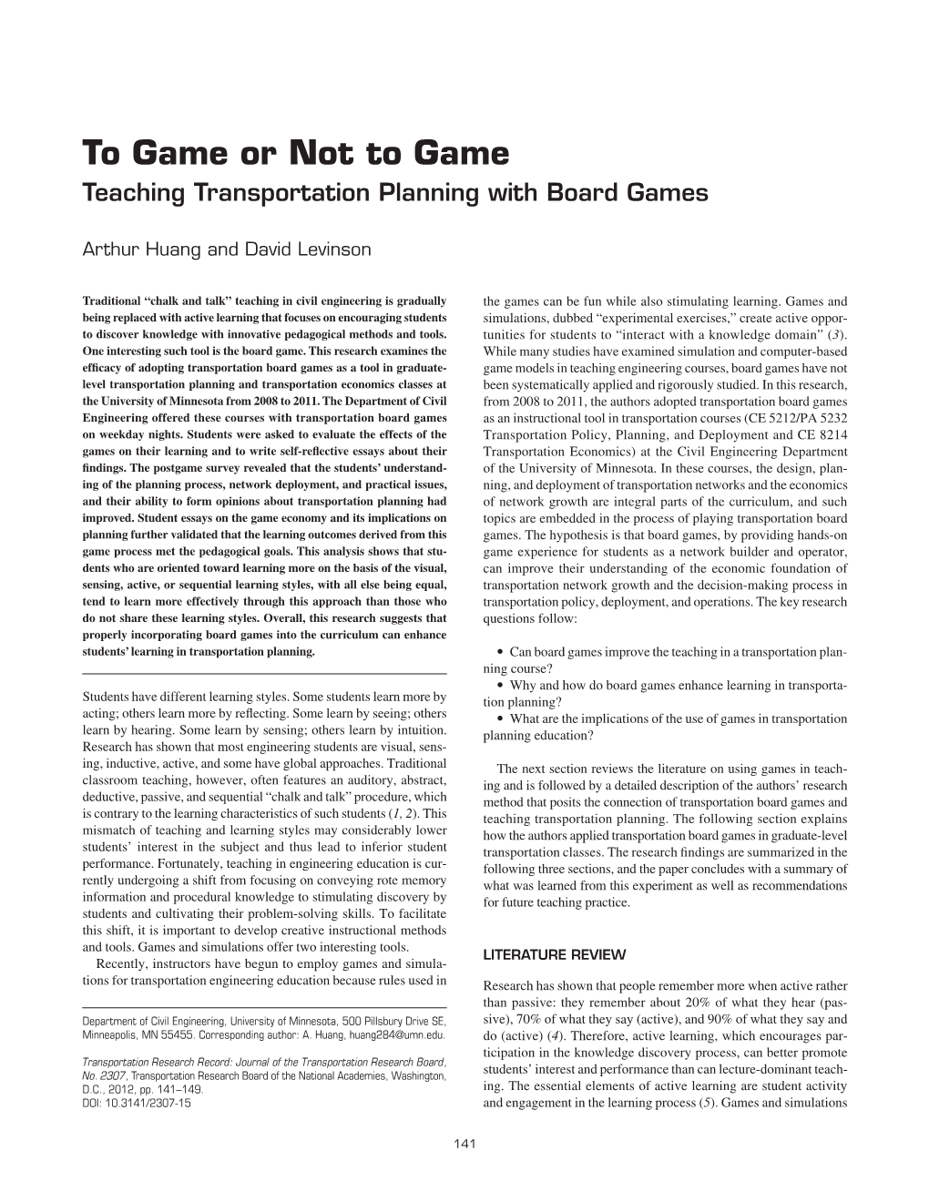 To Game Or Not to Game Teaching Transportation Planning with Board Games
