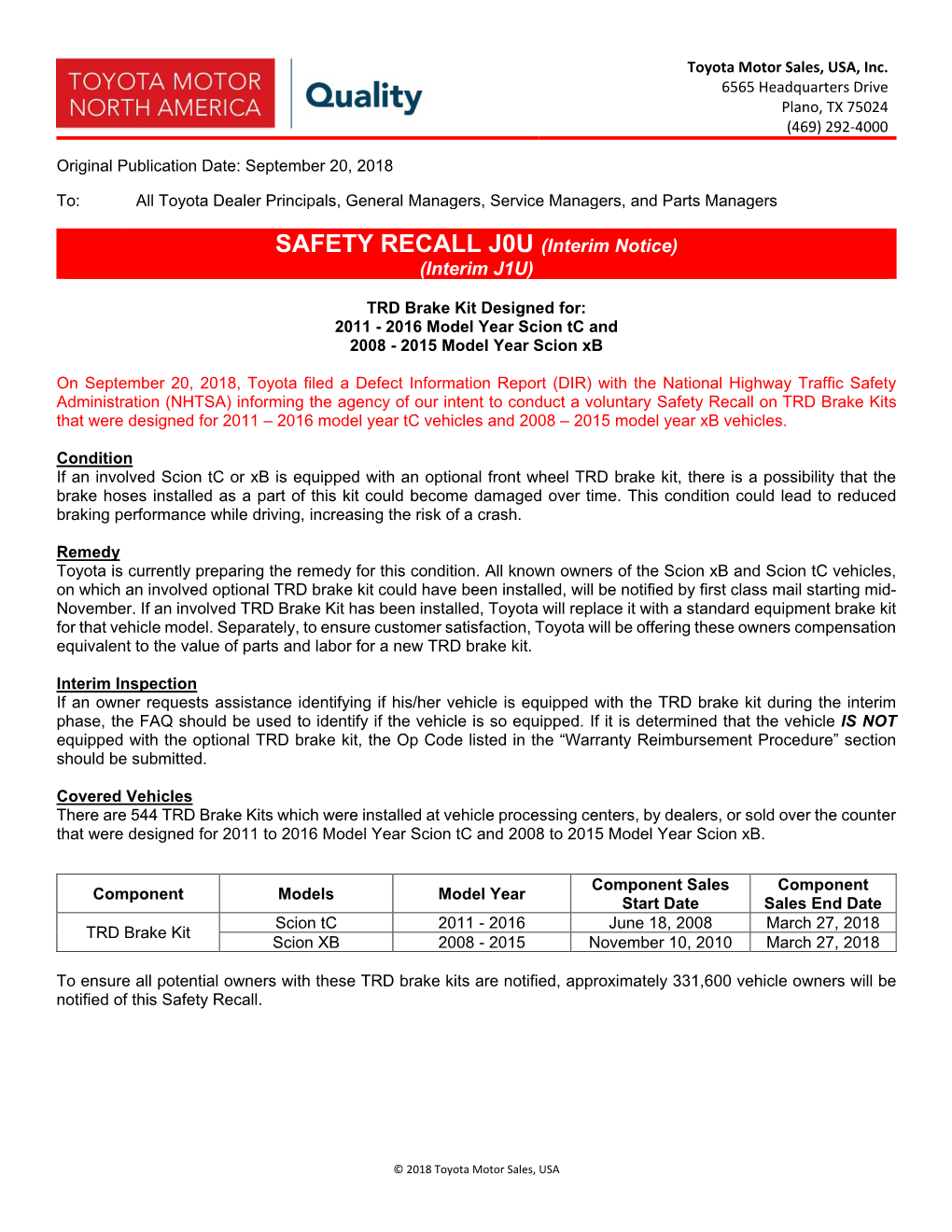 SAFETY RECALL J0U (Interim Notice) (Interim J1U)