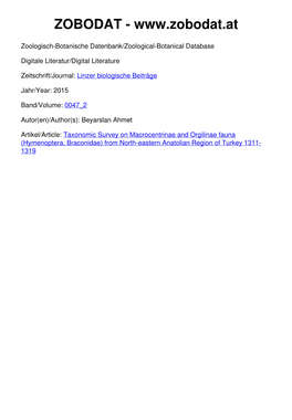 Taxonomic Survey on Macrocentrinae and Orgilinae Fauna (Hymenoptera, Braconidae) from North-Eastern Anatolian Region of Turkey 1311- 1319