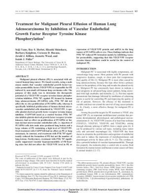 Treatment for Malignant Pleural Effusion of Human Lung Adenocarcinoma by Inhibition of Vascular Endothelial Growth Factor Receptor Tyrosine Kinase Phosphorylation1