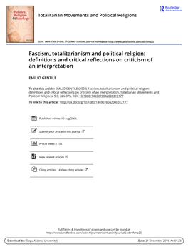 Fascism, Totalitarianism and Political Religion: Definitions and Critical Reflections on Criticism of an Interpretation