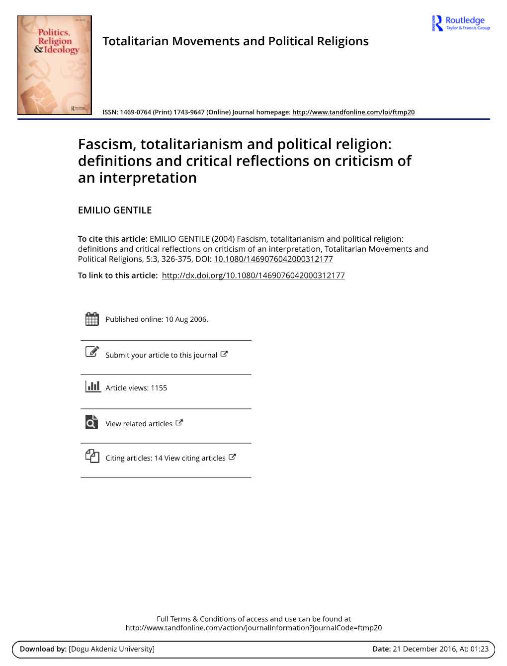 Fascism, Totalitarianism and Political Religion: Definitions and Critical Reflections on Criticism of an Interpretation