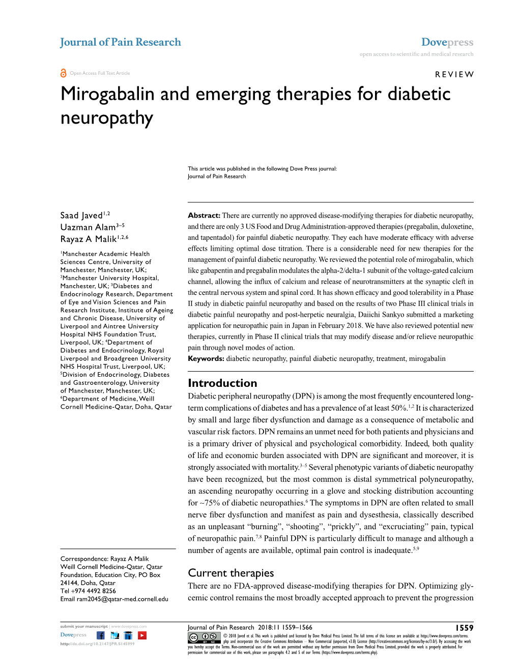 Mirogabalin and Emerging Therapies for Diabetic Neuropathy Open Access to Scientiﬁc and Medical Research DOI