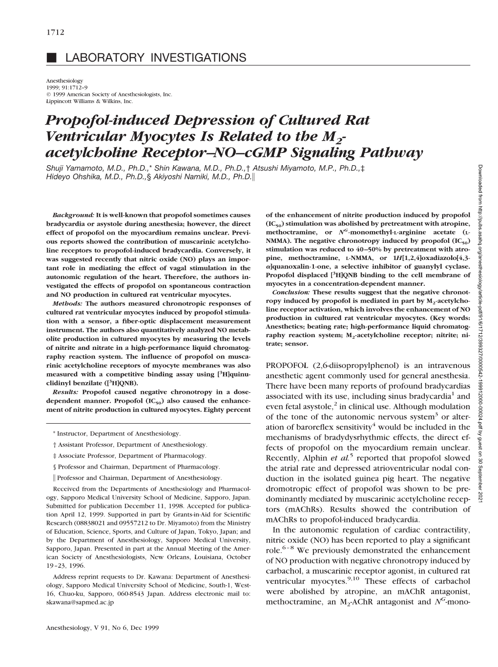 Propofol-Induced Depression of Cultured Rat Ventricular Myocytes Is Related to the M2