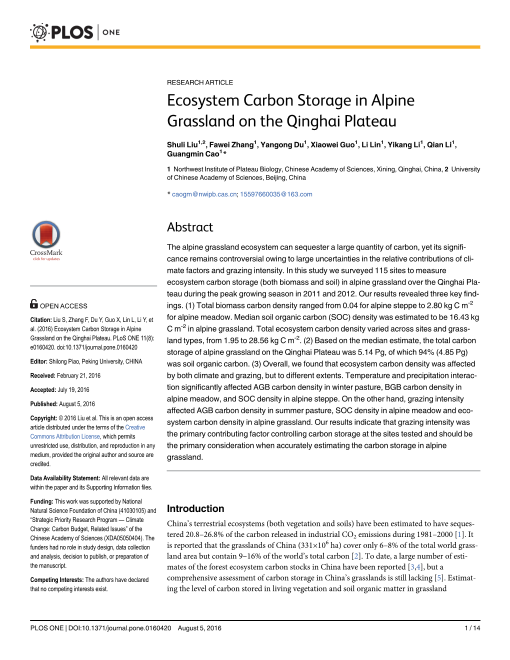 Ecosystem Carbon Storage in Alpine Grassland on the Qinghai Plateau