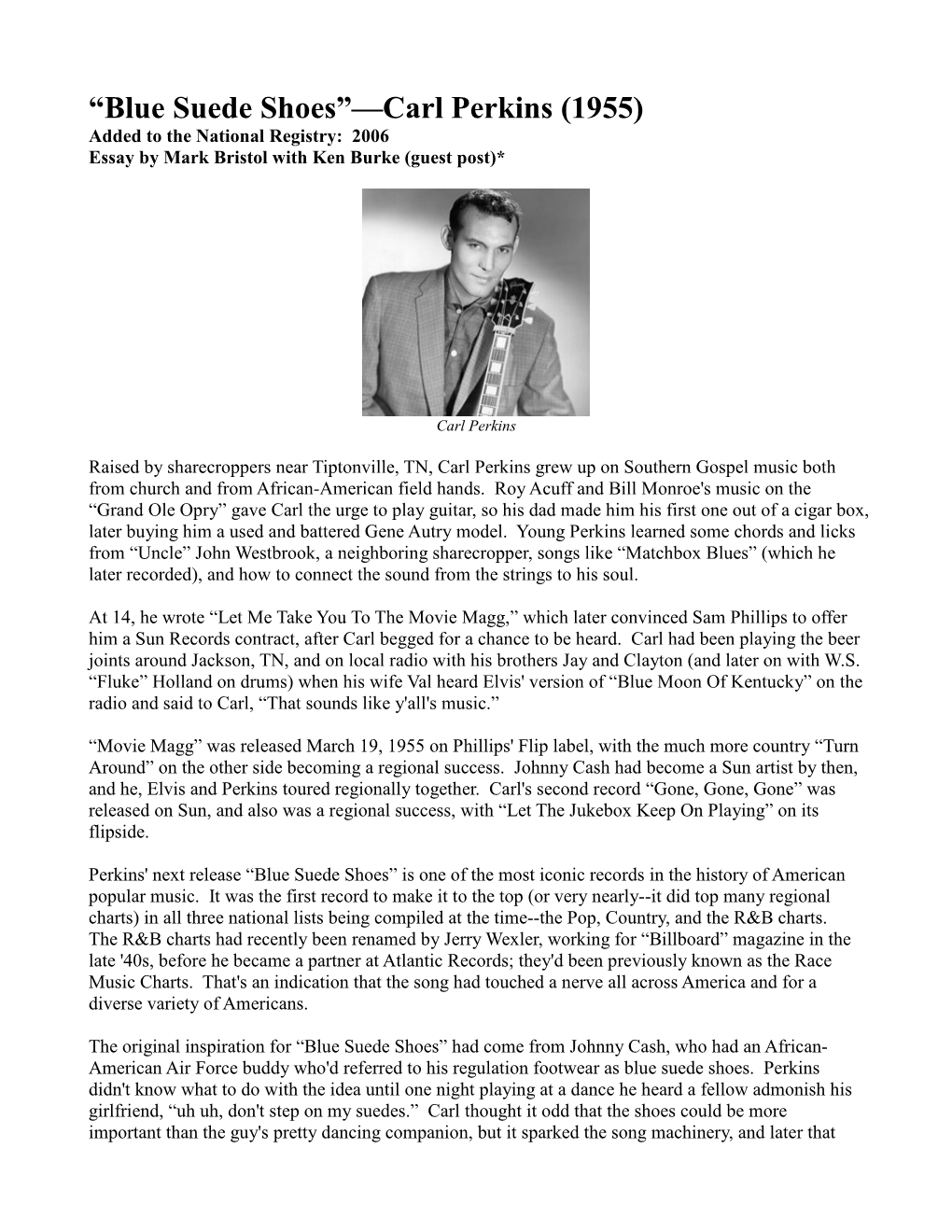 “Blue Suede Shoes”—Carl Perkins (1955) Added to the National Registry: 2006 Essay by Mark Bristol with Ken Burke (Guest Post)*