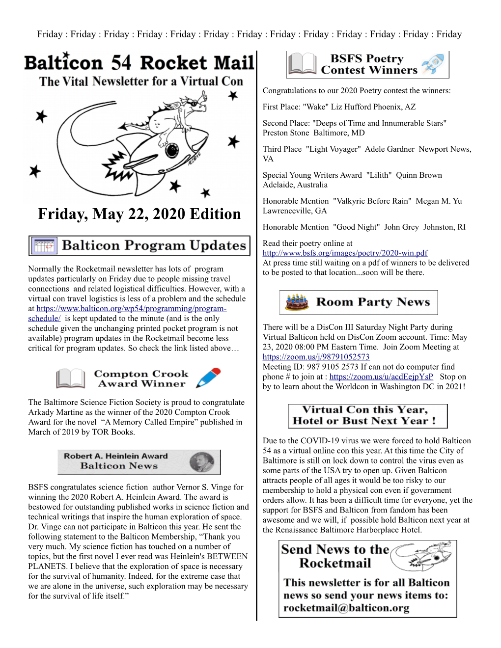 Read the Balticon 54 Rocket Mail Friday Edition at Con Updates And