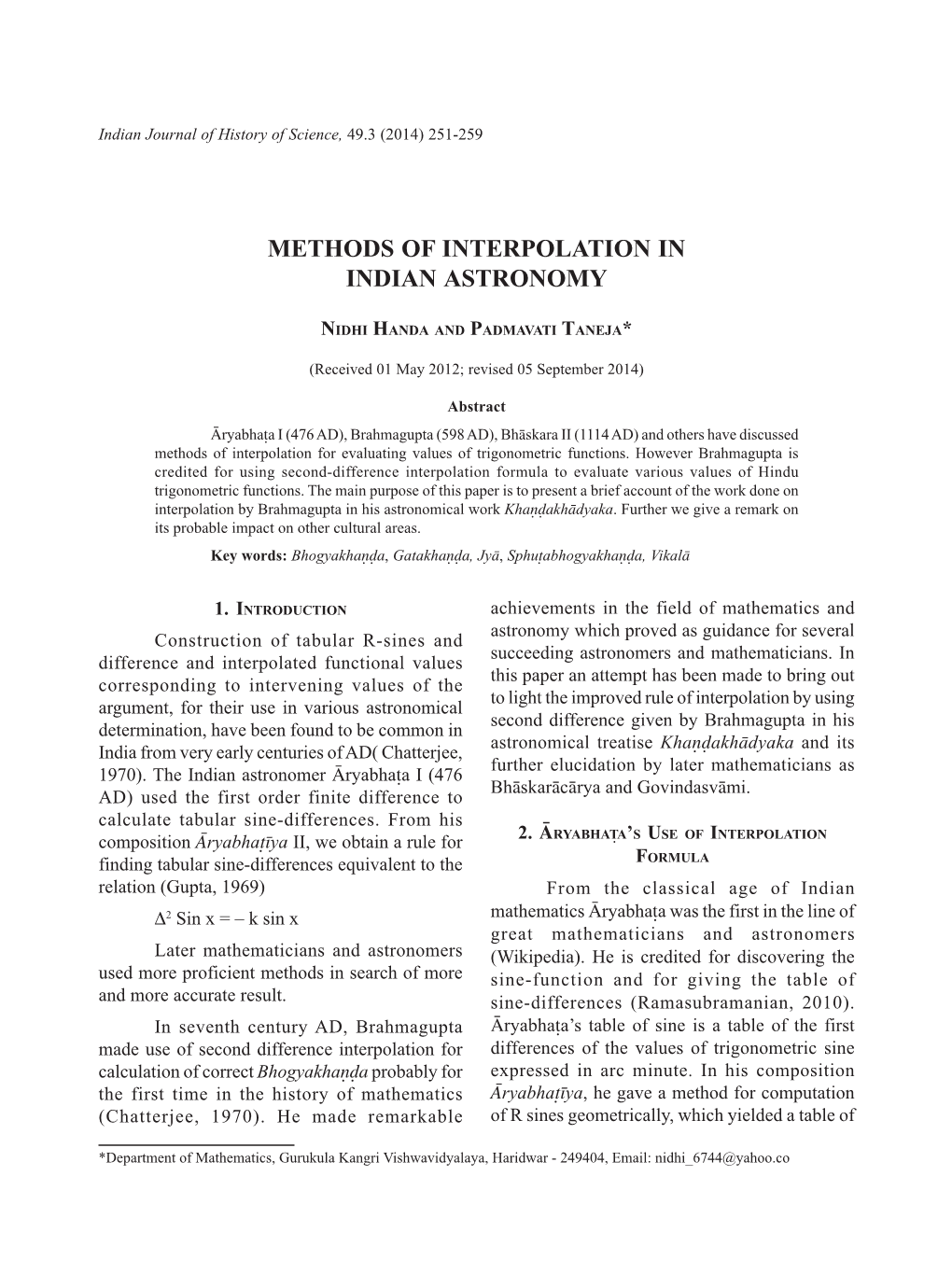 Methods of Interpolation in Indian Astronomy