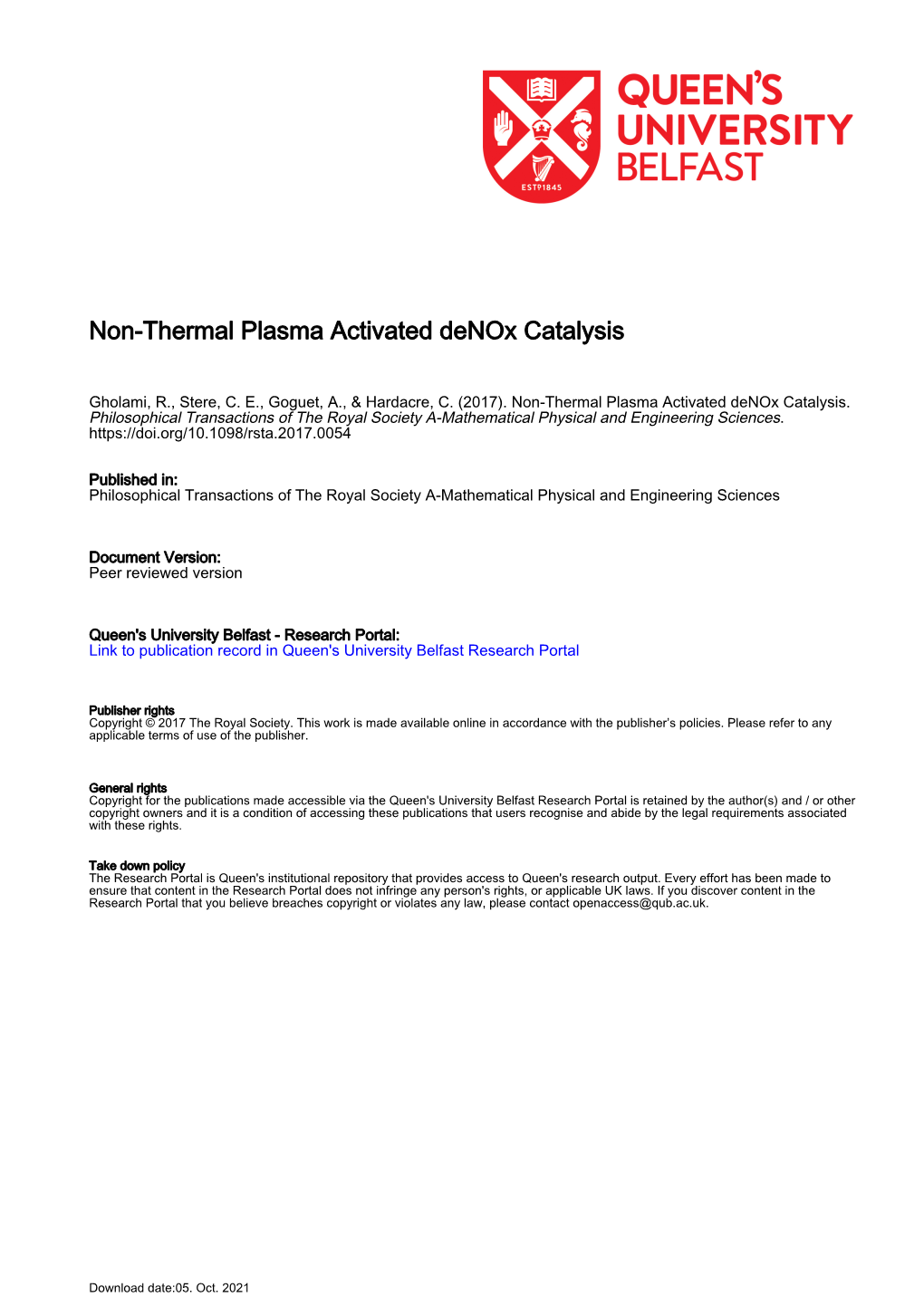 Non-Thermal Plasma Activated Denox Catalysis