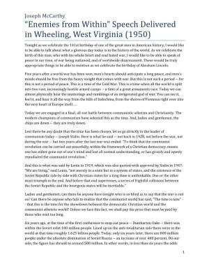 “Enemies from Within” Speech Delivered in Wheeling, West Virginia (1950)