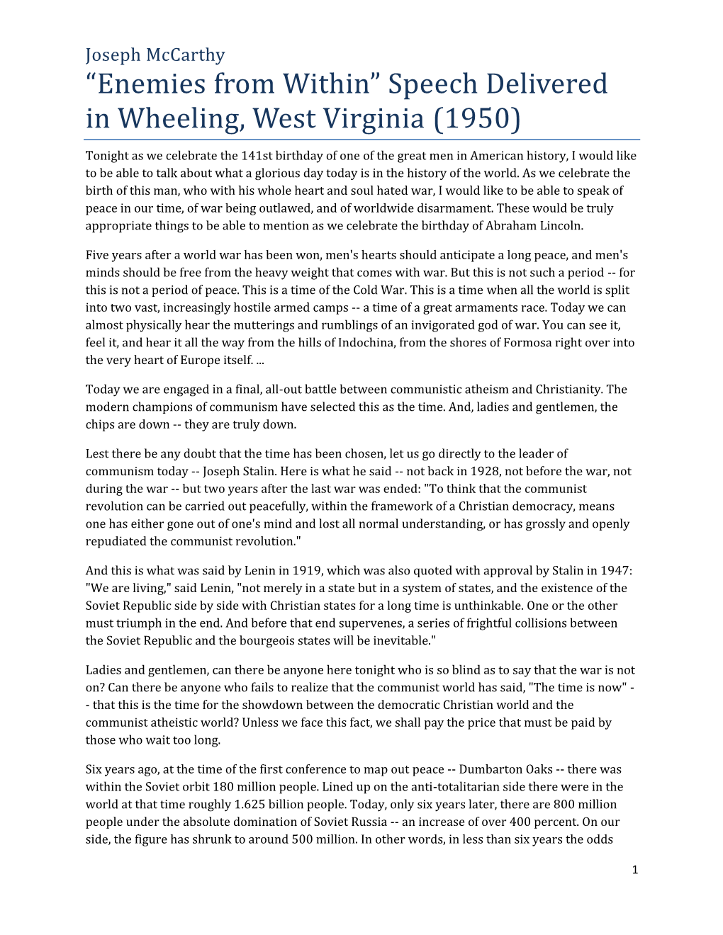 “Enemies from Within” Speech Delivered in Wheeling, West Virginia (1950)