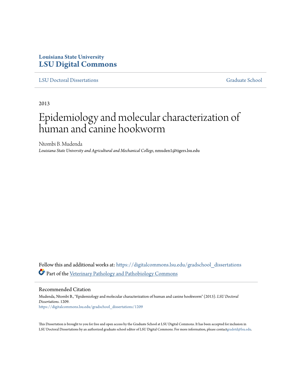 Epidemiology and Molecular Characterization of Human and Canine Hookworm Ntombi B