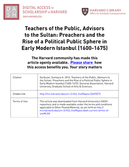 Teachers of the Public, Advisors to the Sultan: Preachers and the Rise of a Political Public Sphere in Early Modern Istanbul (1600-1675)