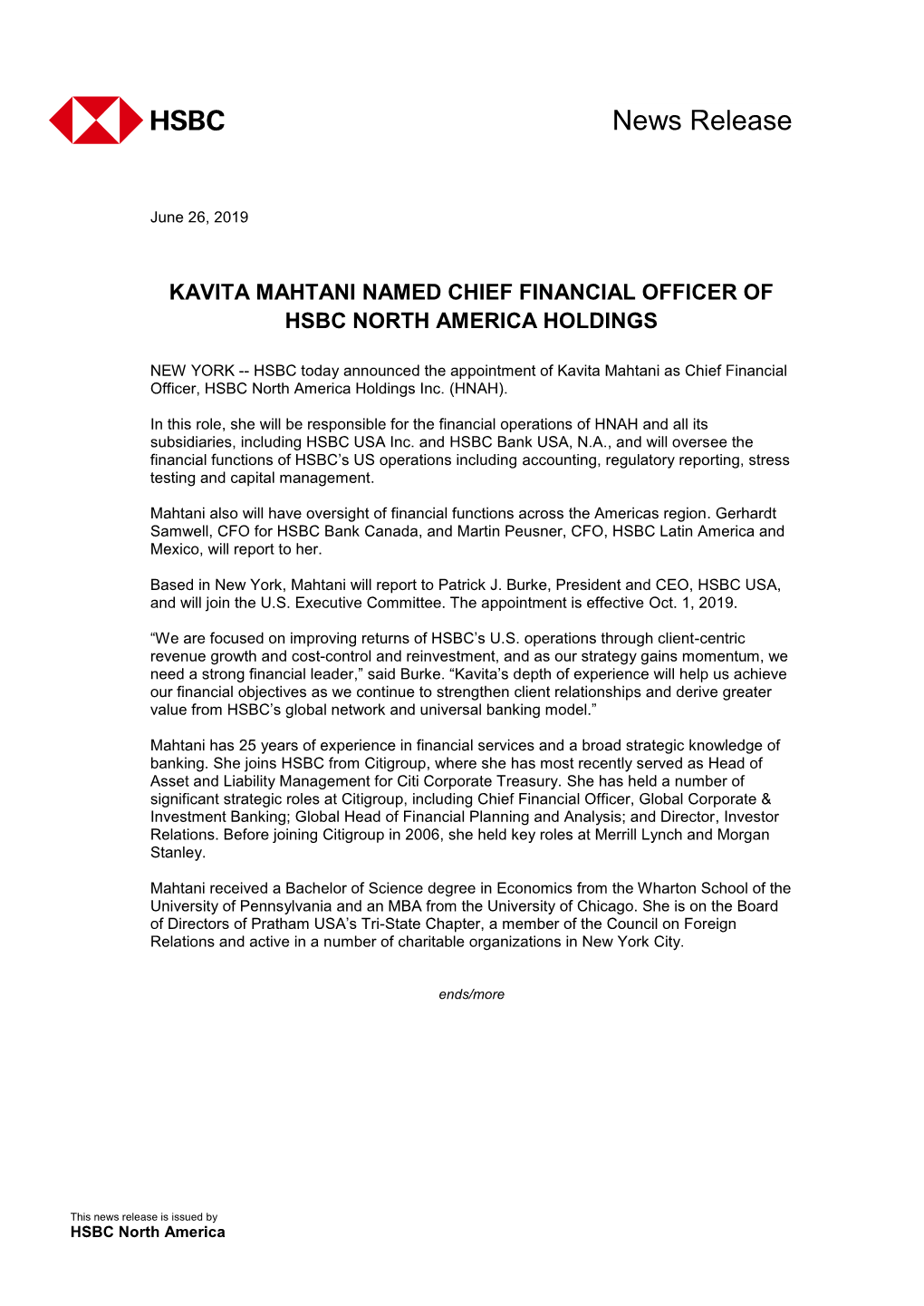 Kavita Mahtani Named Chief Financial Officer of Hsbc North America Holdings