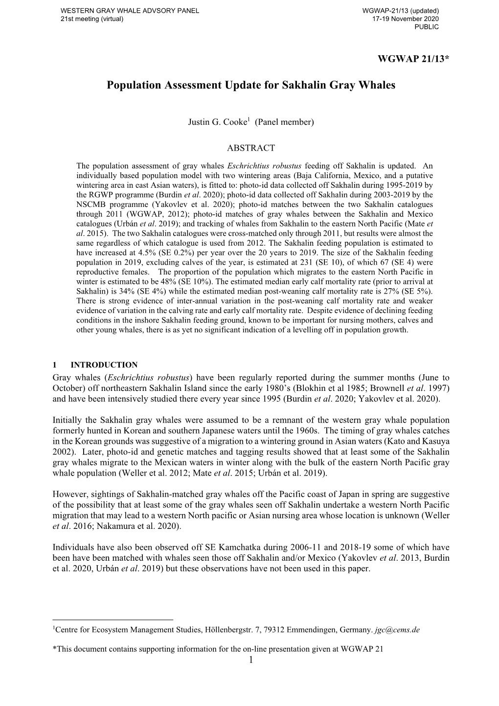 Population Assessment Update for Sakhalin Gray Whales