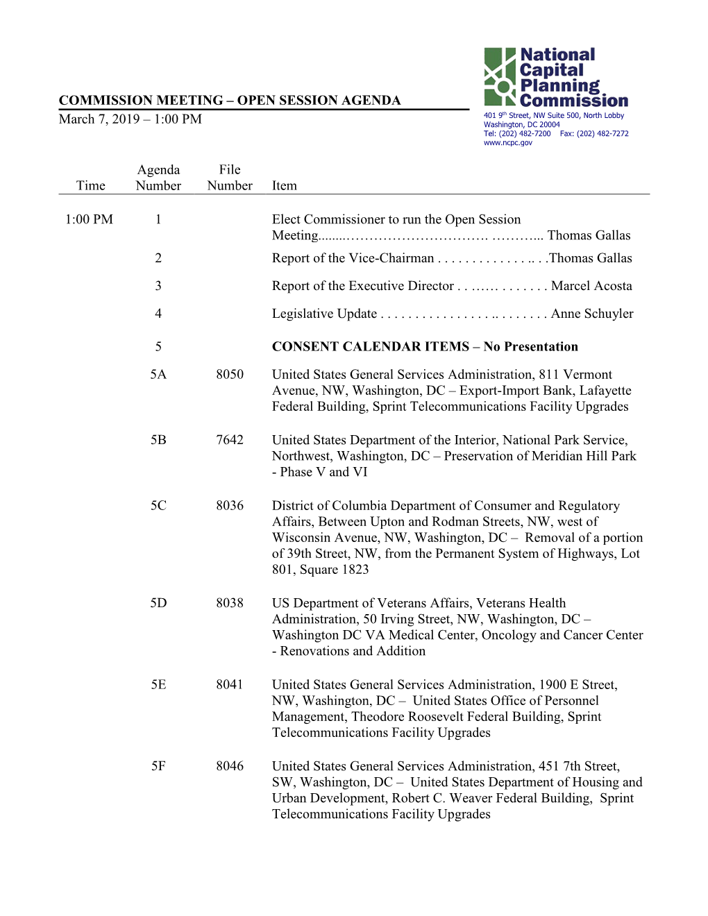 Final Agenda for the March 7, 2019 Commission Meeting