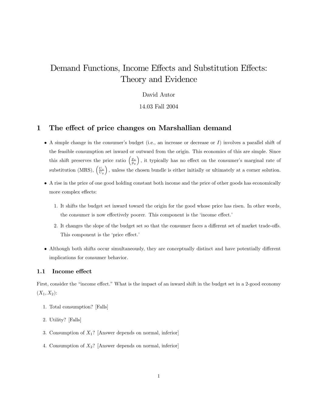 Demand Functions, Income Effects and Substitution
