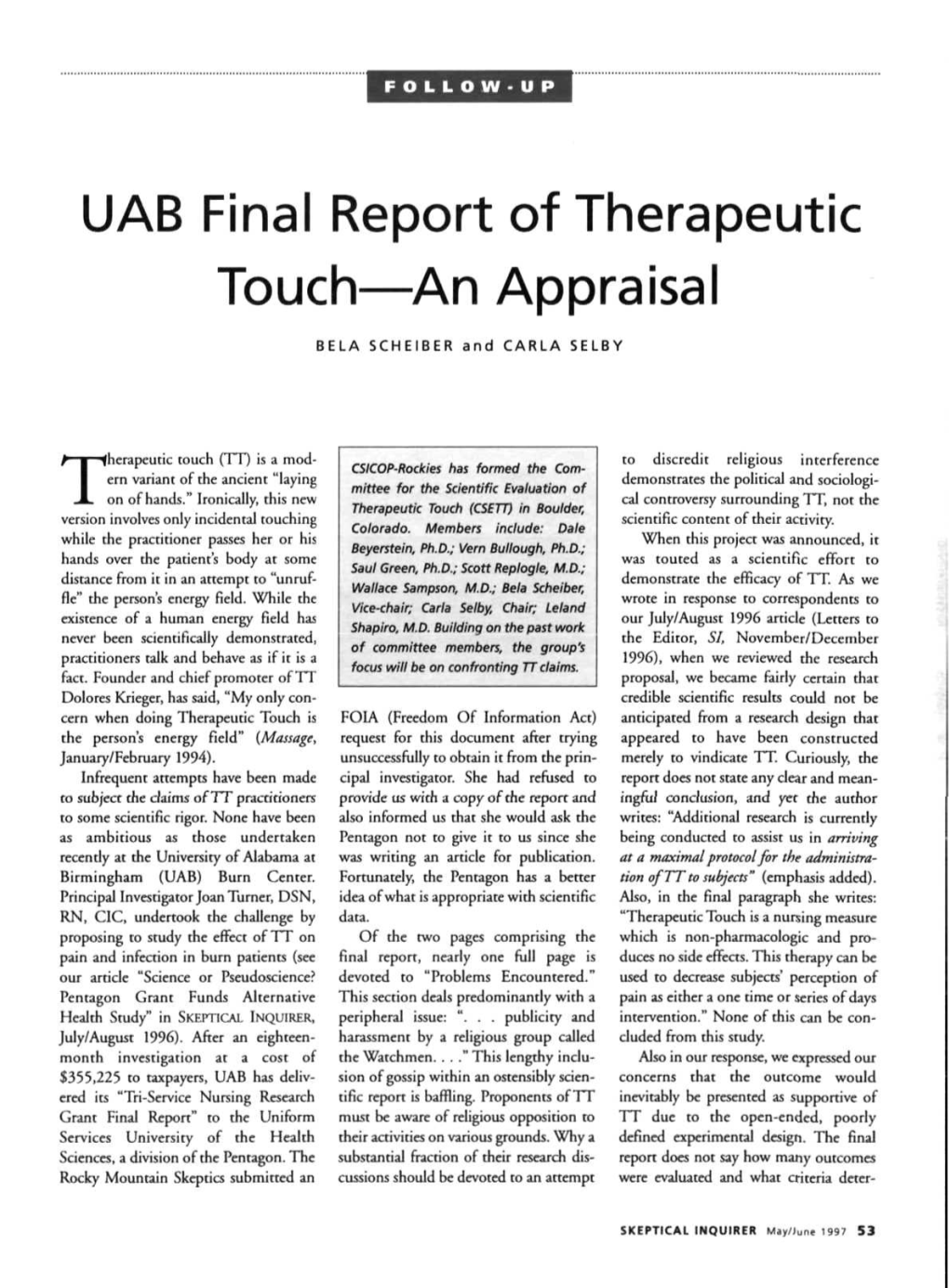 UAB Final Report of Therapeutic Touch—An Appraisal BELA SCHEIBER and C a R L a SELBY