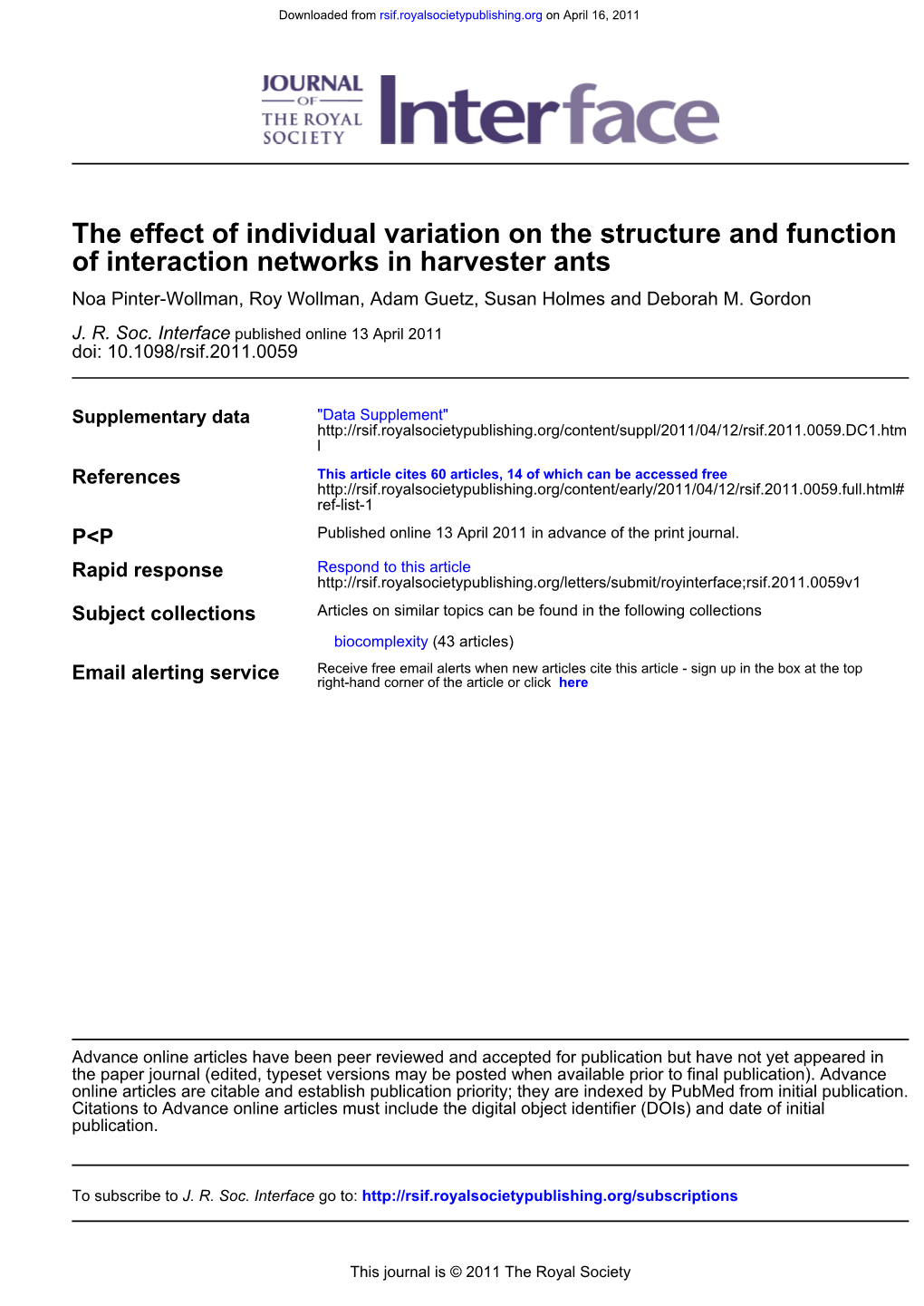 Of Interaction Networks in Harvester Ants the Effect of Individual