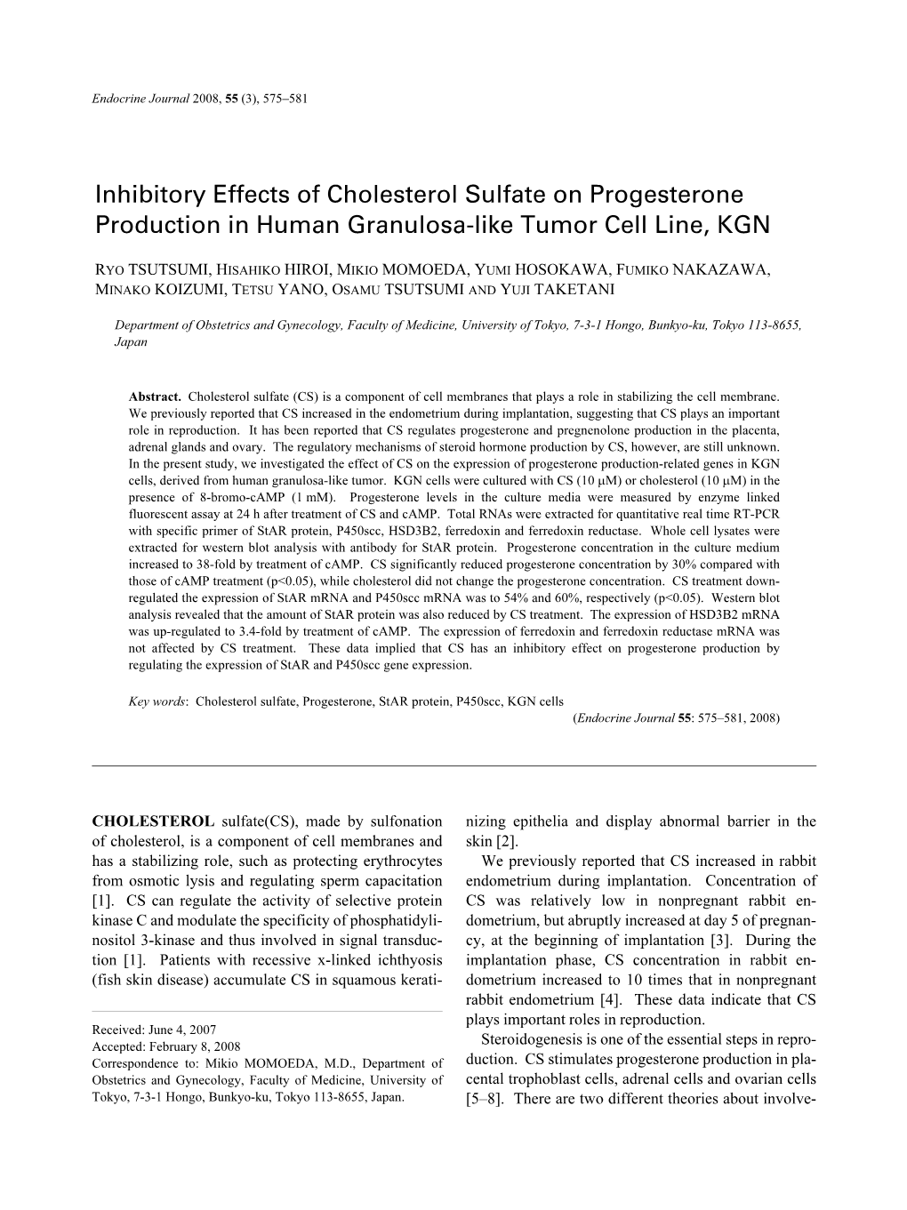 Inhibitory Effects of Cholesterol Sulfate on Progesterone Production in Human Granulosa-Like Tumor Cell Line, KGN
