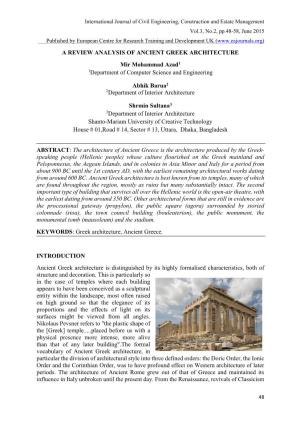 A REVIEW ANALYSIS of ANCIENT GREEK ARCHITECTURE Mir Mohammad Azad1 1Department of Computer Science and Engineering