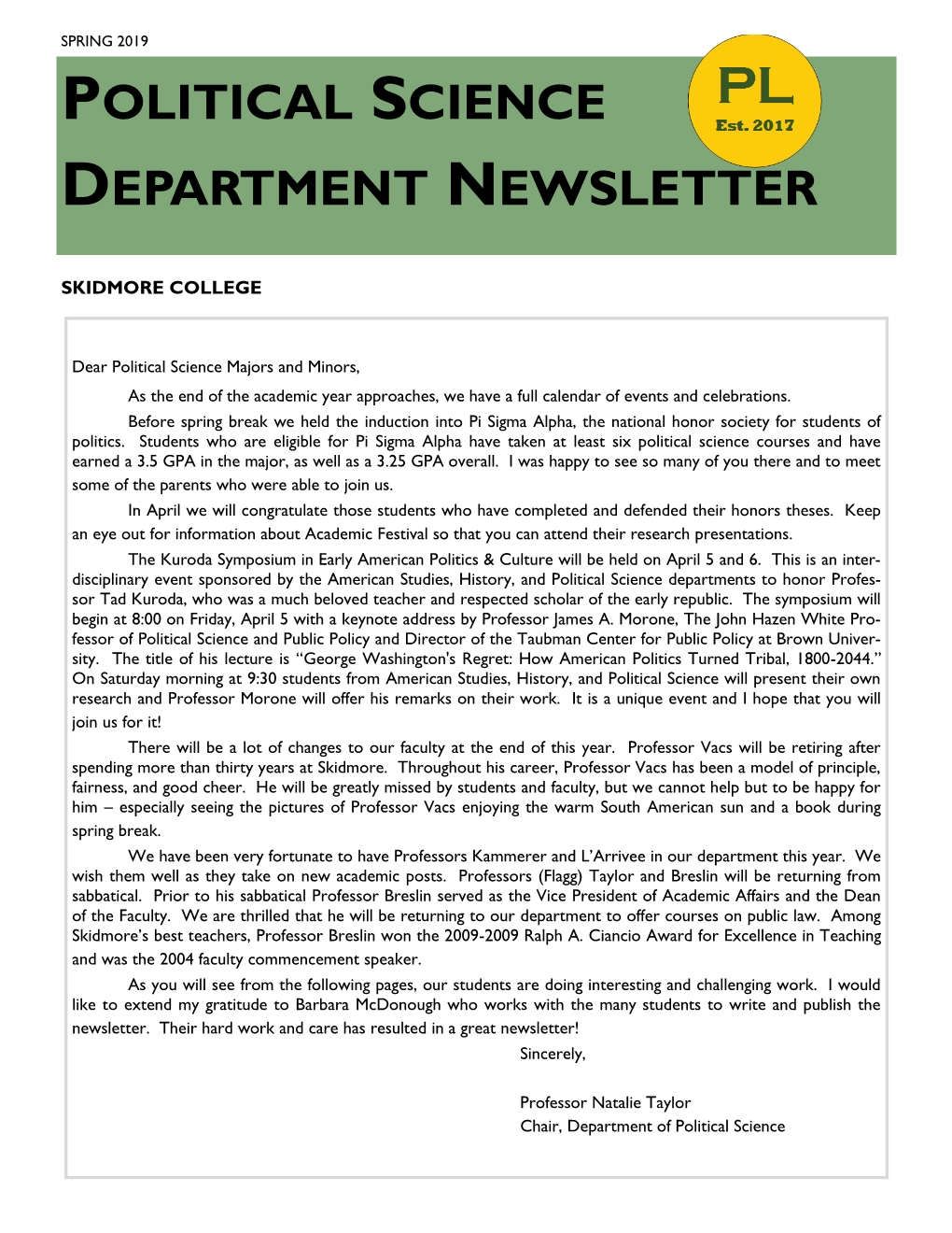 Political Science Department Newsletter