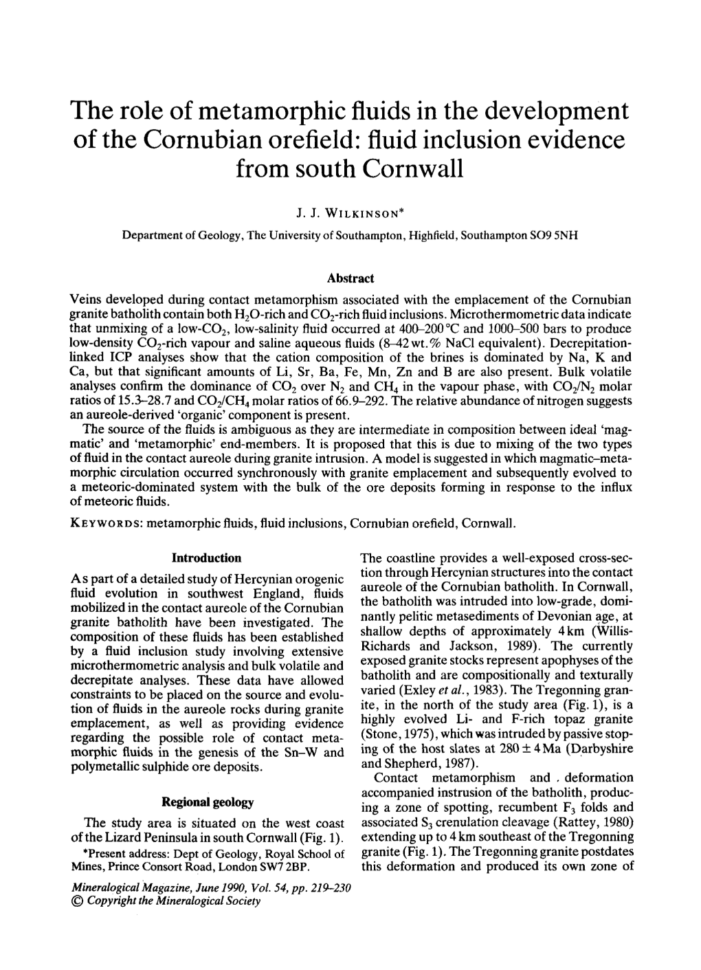 Fluid Inclusion Evidence from South Cornwall