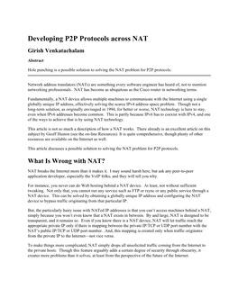 Developing P2P Protocols Across NAT Girish Venkatachalam