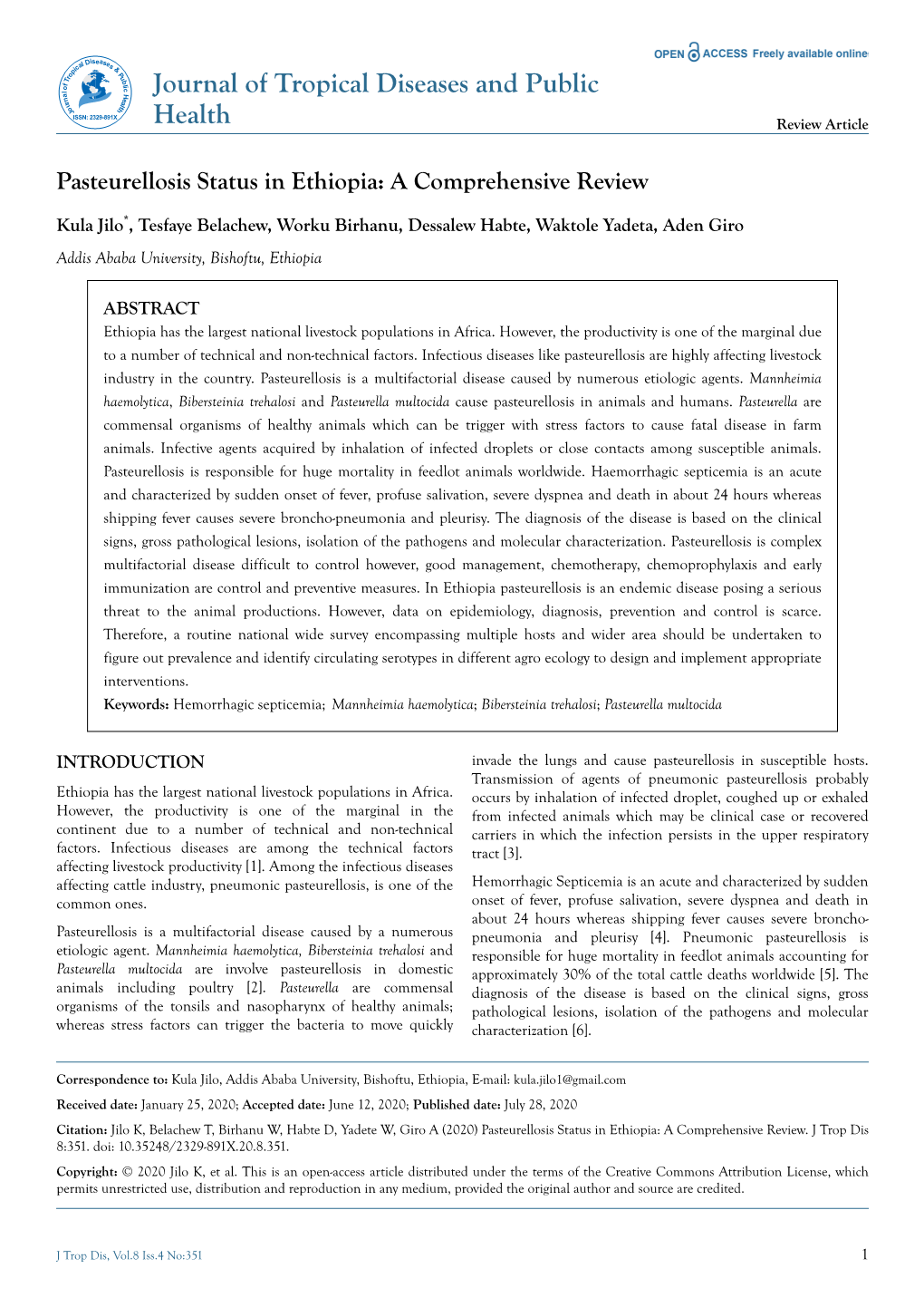 Pasteurellosis Status in Ethiopia: a Comprehensive Review