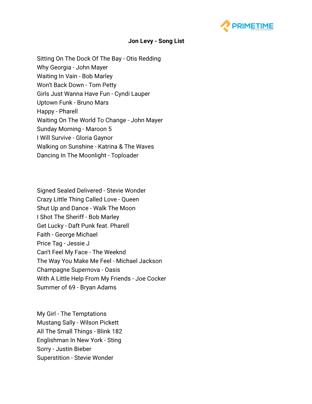 Jon Levy - Song List