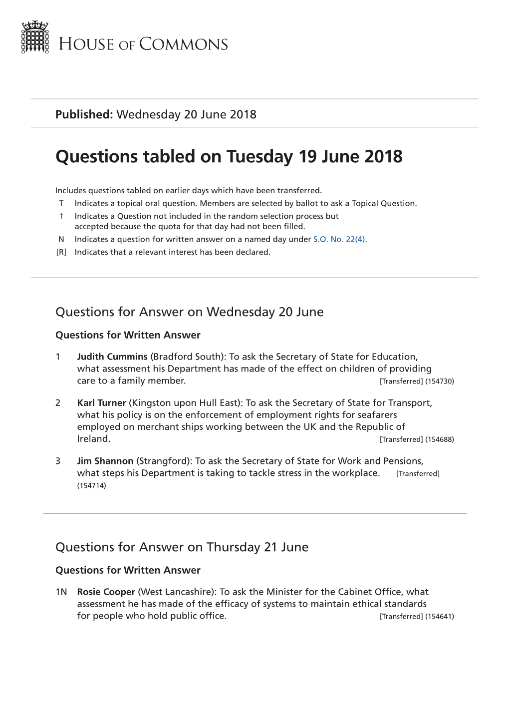 Questions Tabled on Tue 19 Jun 2018