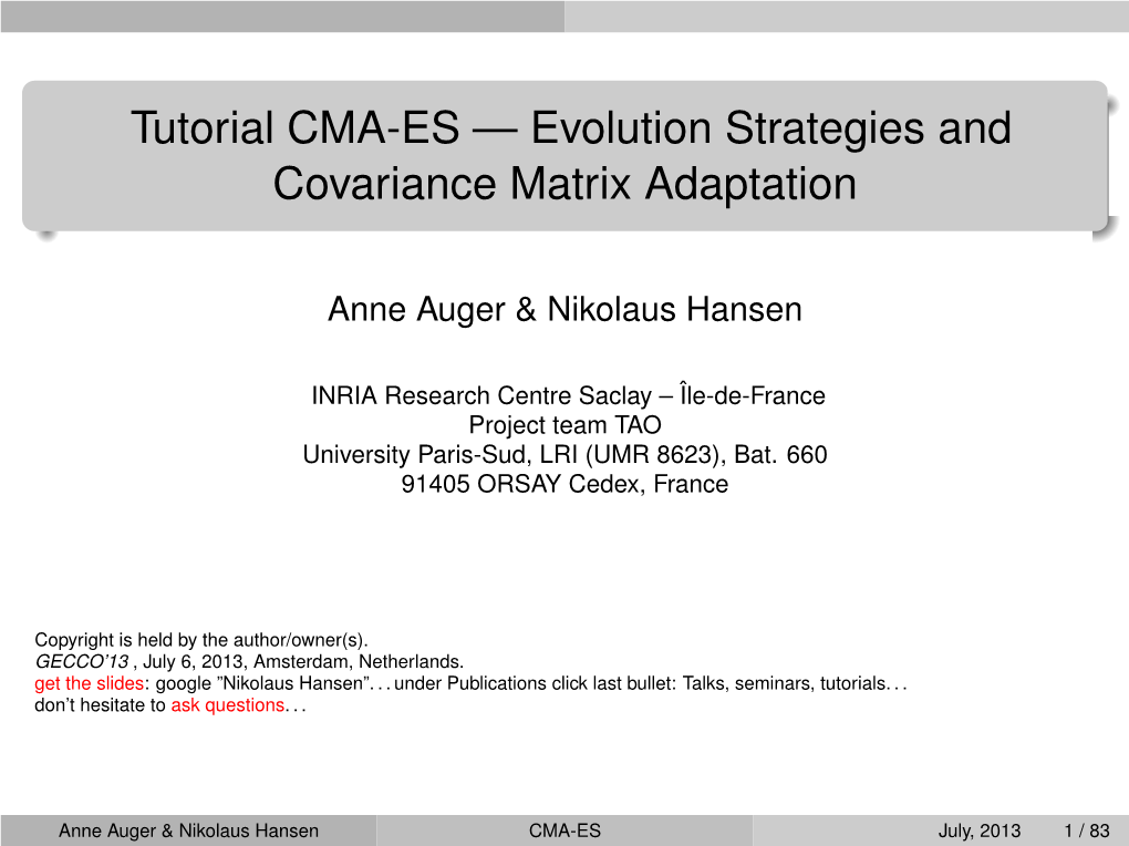 Tutorial CMA-ES — Evolution Strategies and Covariance Matrix Adaptation