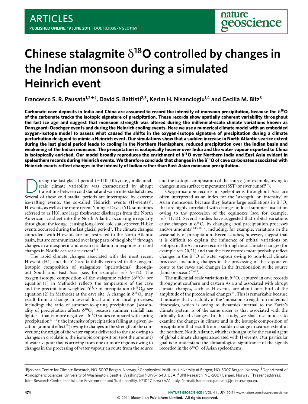 Chinese Stalagmite \Rmdelta 18O Controlled by Changes in the Indian