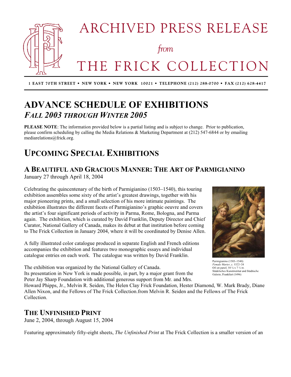 Archived Press Release the Frick Collection