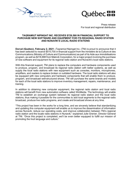 Press Release for Local and Regional Distribution TAQRAMIUT NIPINGAT