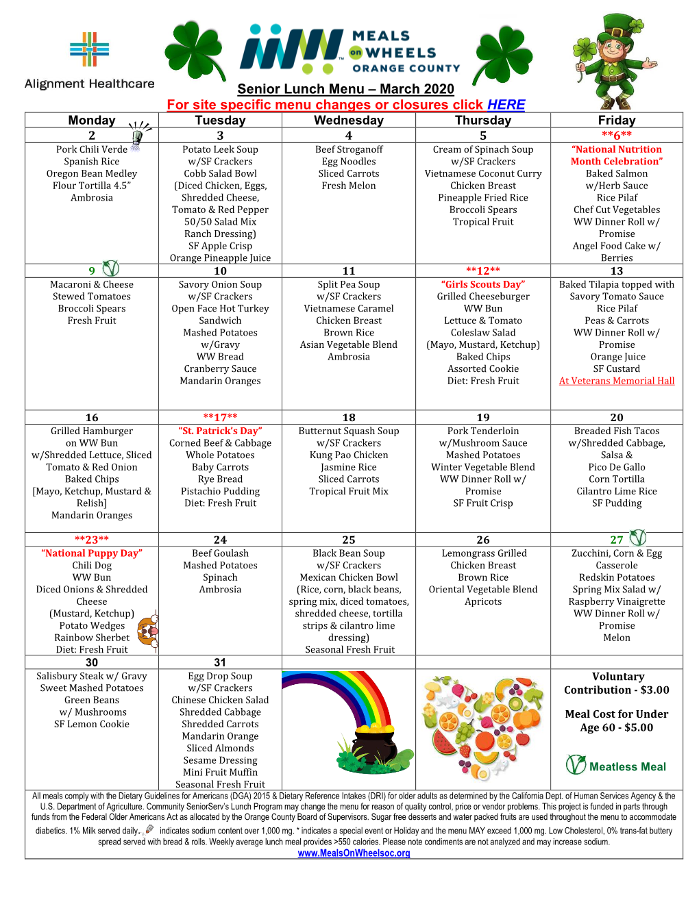 Senior Lunch Menu – March 2020 for Site Specific Menu Changes Or