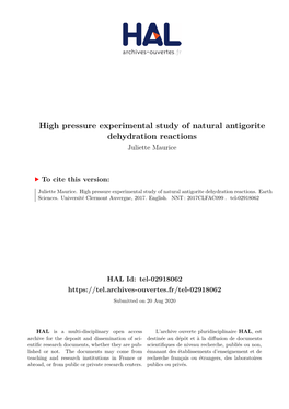 High Pressure Experimental Study of Natural Antigorite Dehydration Reactions Juliette Maurice