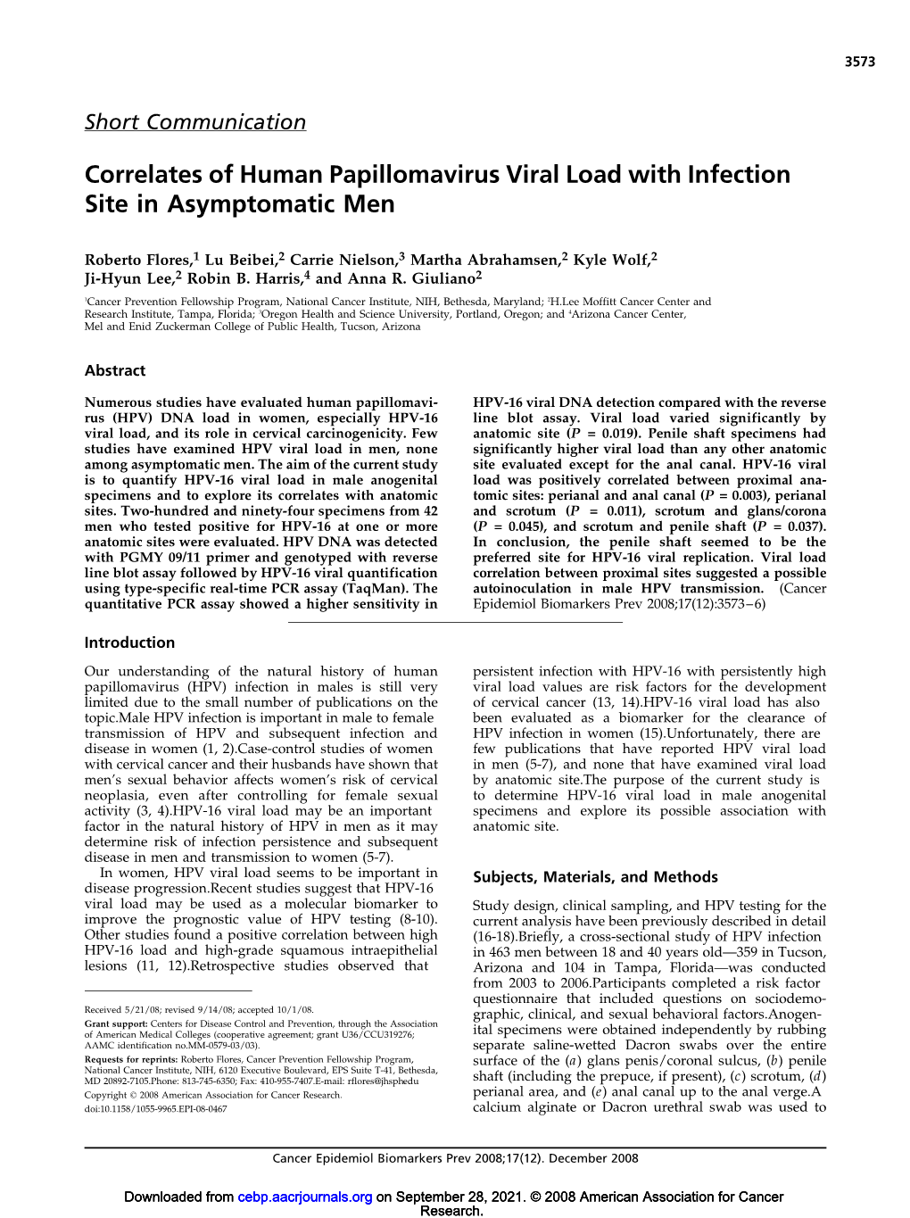 Correlates of Human Papillomavirus Viral Load with Infection Site in Asymptomatic Men