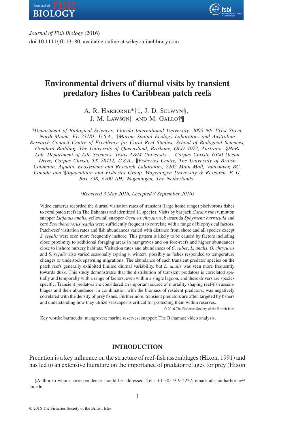 Environmental Drivers of Diurnal Visits by Transient Predatory Fishes to Caribbean Patch Reefs