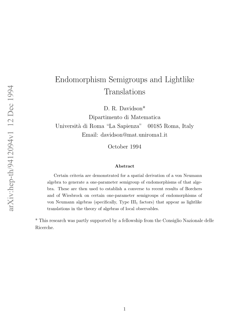 Endomorphism Semigroups and Lightlike Translations